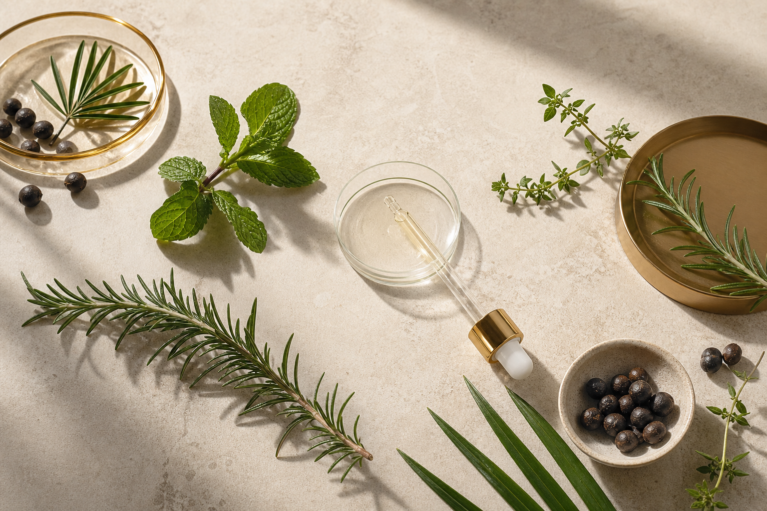 Rosemary, peppermint and botanical ingredients arranged on warm stone